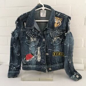 Girls Denim Jacket Size 6 With Patches Pearls Raw Edges Shredded Worn Look
